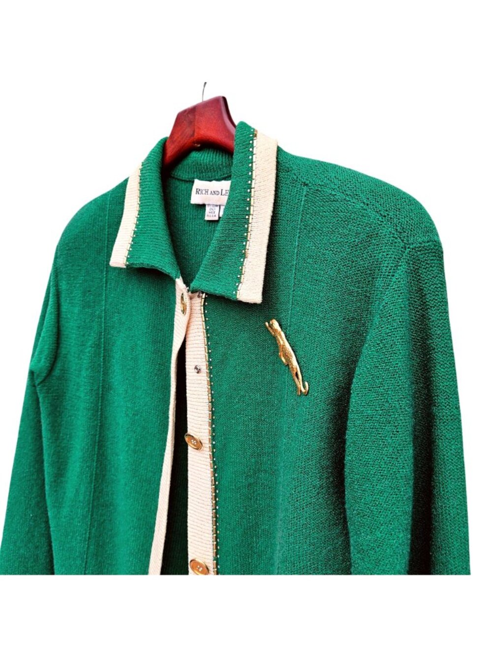 Vintage 80s Rich Levy Green Wool Knit Cardigan Leopard Brooch Womens L - Picture 13 of 14